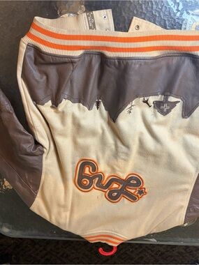 Lrg Beige and Brown Varsity Bomber with Orange Trim